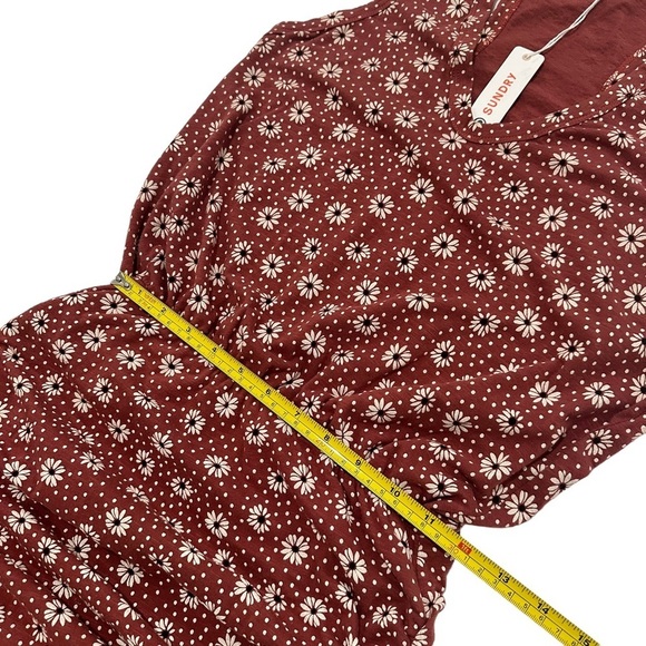 New Sundry Ruched Knit Sleeveless Racerback Flower Print Blouson Mini Dress L - Picture 6 of 10